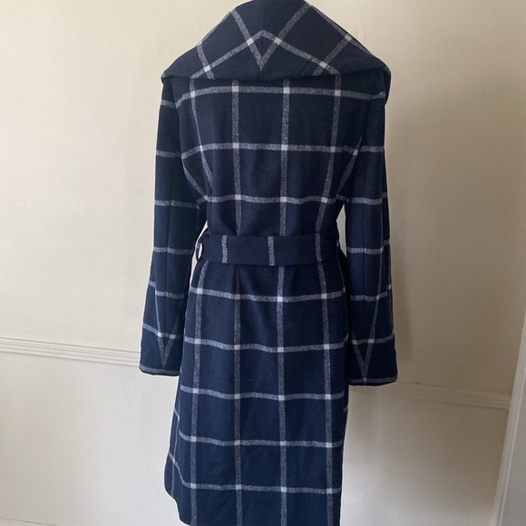 ANN TAYLOR 💙NAVY BLUE & WHITE🤍 WINDOWPANE PATTERN WOOL WRAP COAT SIZE L🌟NWT🌟 - Picture 12 of 17